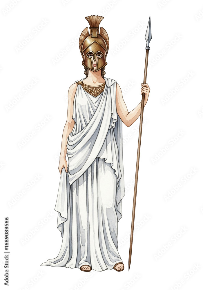 Obraz premium Detailed Watercolor Athena Illustration with Spear and Helmet Ancient Goddess