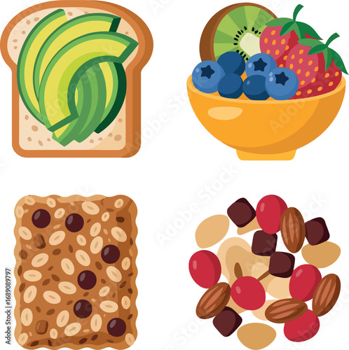 Healthy breakfast collage avocado toast fruit bowl granola bar trail mix assortment vector