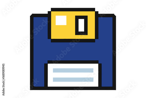 Retro Pixel Floppy Disk Icon, Blue and Gold Colors with White Background, Simple Style