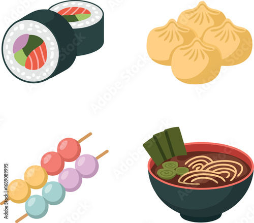 Japanese cuisine assortment delicious sushi mochi balls ramen bowl appetizer set vector