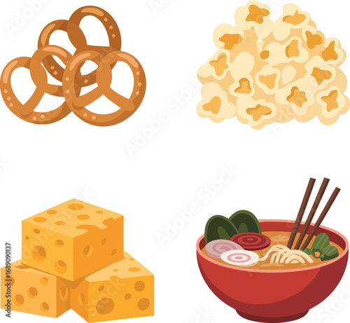 Snack assortment delicious appetizers salty sweet savory party food grouping isolated vector