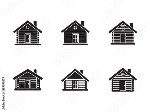 Collection of Rustic Cabin Icons Depicting Cozy Mountain Getaways and Simple Living Black and White Illustration