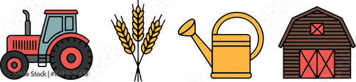 Farm icons set tractor wheat watering can barn rustic agriculture icons for harvest and farming vector