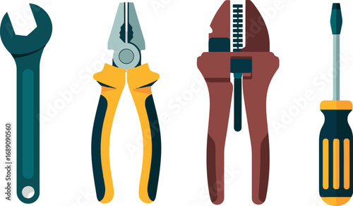 Hand tools collection wrench pliers wire stripper screwdriver isolated vector