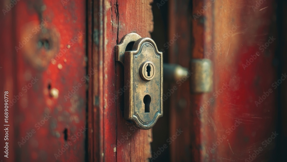 Fototapeta premium Close-up of vintage lock on a rustic red wooden door.