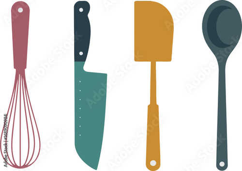 Colorful kitchen utensils collection whisk chef knife spatula spoon flat lay isolated vector