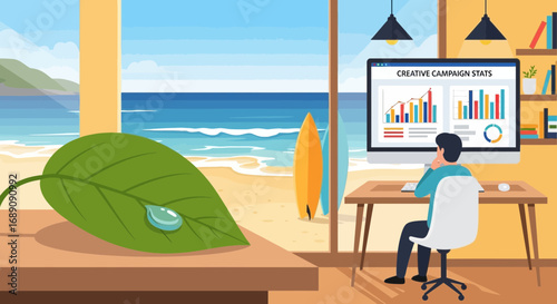 Conceptual illustration showcasing remote work setup overlooking a beach, integrating nature and