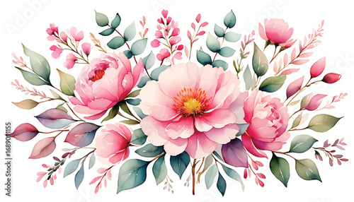 Watercolor Pink Peonies and Eucalyptus Floral Bouquet