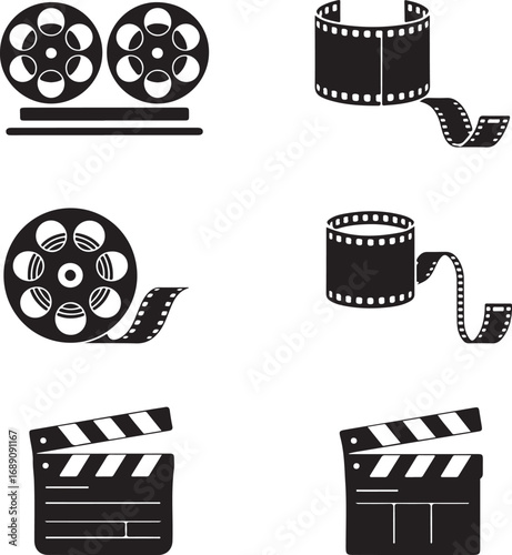 Black and White Illustration of Classic Film Industry Elements including Film Reels Clapperboards and Motion Picture Film Strips Perfect for Cinematic Themes