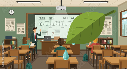 Educational classroom scene with a graph, leaf and water drop promoting environment