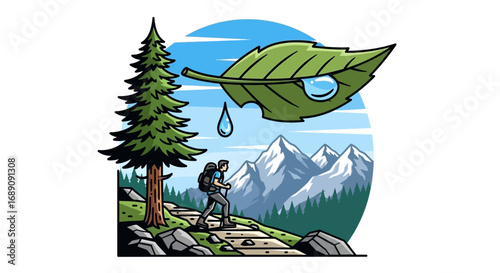 Hiking adventure illustration with a refreshing nature view and clean water source perfect for