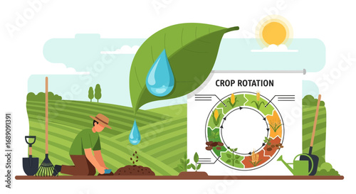 Illustration depicting crop rotation, sustainable agriculture, and environmental stewardship for
