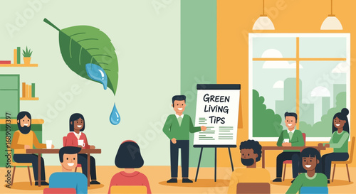 Illustration depicting a green living seminar with diverse participants and eco friendly themes