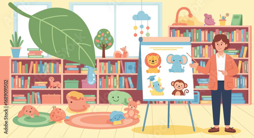Illustration of a teacher giving a lesson to cute animals in a colorful classroom setting designed