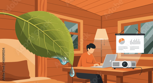Illustration of remote worker presenting a sustainable business strategy from home with