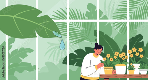Person caring for plants in a lush indoor greenhouse with tropical foliage illustration