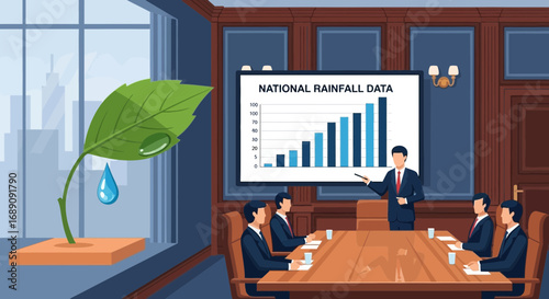 Rainfall data presentation with business professionals in a conference room setting symbolizing