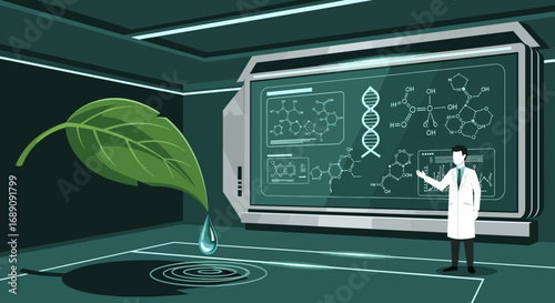 Scientist examining a leaf and water drop with molecular structure technology interface
