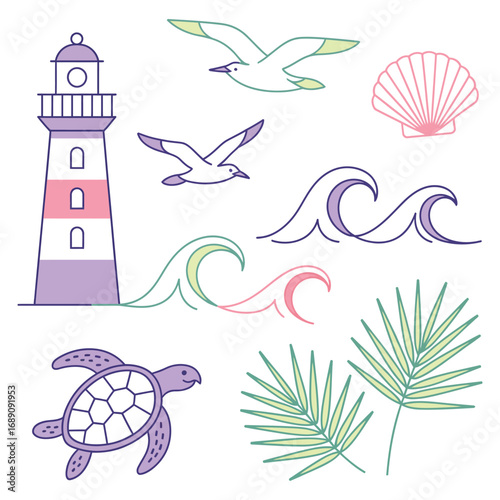 Vector Set of Nautical and Nature Icons Featuring Lighthouse, Sea Turtle, Ocean Waves, Sun Symbol, and Tropical Foliage Elements for Travel and Summer Design Themes
