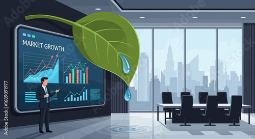 Sustainable business strategy for market growth presentation and corporate office with cityscape
