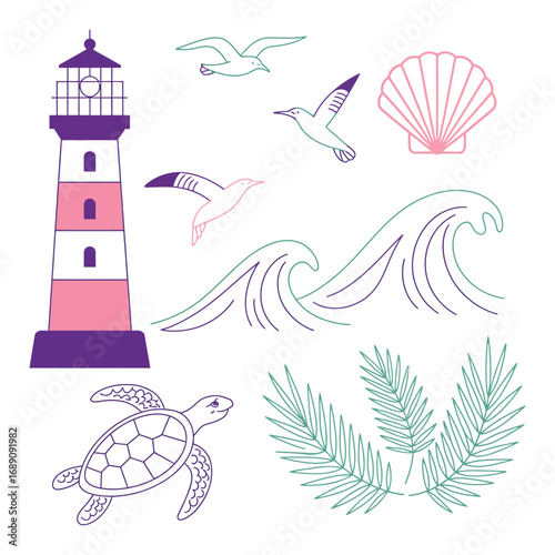 Vector Set of Nautical and Nature Icons Featuring Lighthouse, Sea Turtle, Ocean Waves, Sun Symbol, and Tropical Foliage Elements for Travel and Summer Design Themes