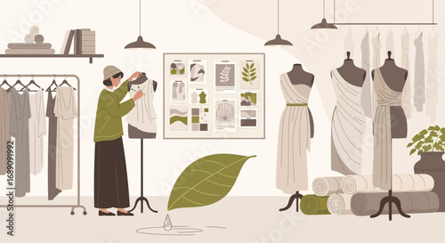 Sustainable fashion design studio illustration showcasing creative atelier atmosphere and eco