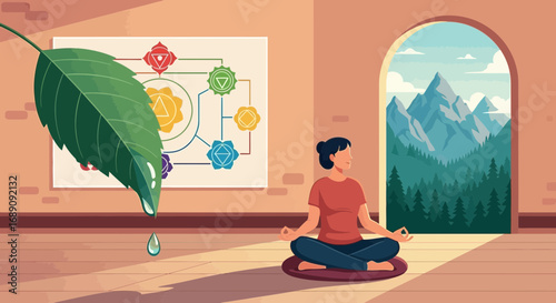 Woman Meditating in a Serene Room with Chakra Chart and Mountain View Meditation Scene