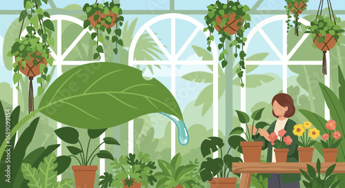 Woman tending to her indoor garden in a lush greenhouse with hanging plants and bright windows