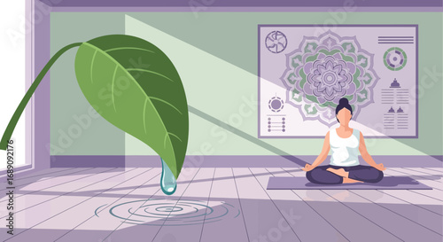 Zen yoga session with calming water drop sound and peaceful mandala background illustration