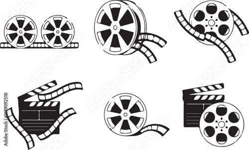 Film Industry Black and White Vector Graphic with Reels and Clapperboard for Movie Production and Cinema Themed Designs Suitable for Posters and Web Illustrations