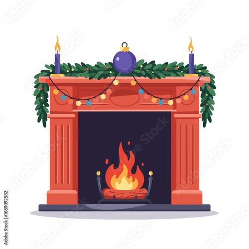 Fireplace with garland decorated for Christmas with flames burning  