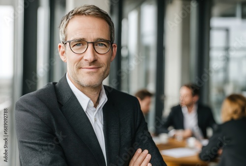 A confident man in a suit and glasses stands with arms crossed, gazing toward the viewer. A meeting in progress with colleagues sits in the background