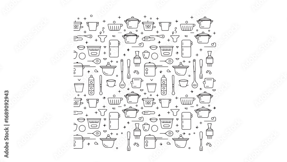 Naklejka premium Seamless Kitchenware Pattern Vector Illustration Black and White Line Art for Culinary Backgrounds Menu Design and Cooking Related Projects Promoting Kitchen Utensils