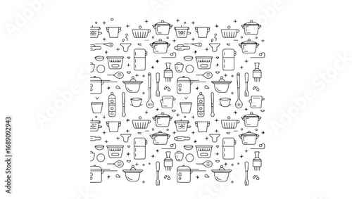 Seamless Kitchenware Pattern Vector Illustration Black and White Line Art for Culinary Backgrounds Menu Design and Cooking Related Projects Promoting Kitchen Utensils