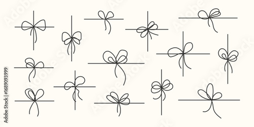 Bow gift collection. Bows line in ribbon icon set. Birthday anniversary wedding Christmas package decoration. Minimalist tied string. Packaging element