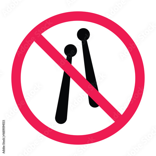 No bass drum mallets sign, forbidden bass sticks symbol, bass drumsticks prohibited icon, do not use bass mallets sign, flat vector illustration
