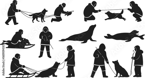 Inuit hunting and sledding with dogs, traditional Arctic lifestyle, seal hunting, dog sled transportation, winter survival, indigenous culture, snowy cold environment