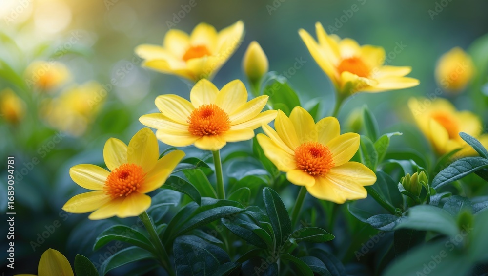 Fototapeta premium Bright yellow flowers with orange centers blooming among green leaves in natural sunlight.