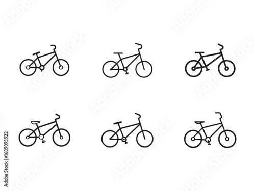 Collection of Six Bicycle Icons Cycling Concepts and Transportation Options Simple Bike Graphics on a White Background Minimalist Vector Illustration