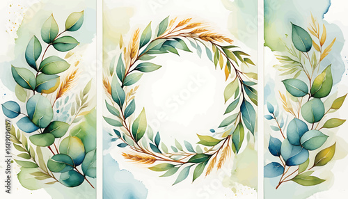 Set of three botanical watercolor illustrations with a central green leaf wreath for elegant invitation design