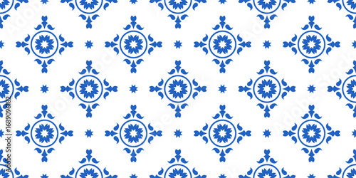 Blue Flower geometric seamless pattern, Mediterranean Ceramic. Sicilian, Portuguese, Spanish tile traditional design, porcelain pottery. Vector isolated on white background