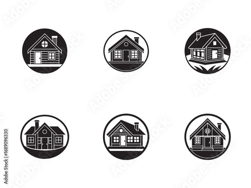 Collection of Six Black and White House Icons Inside Circular Frames Representing Real Estate and Home Ownership