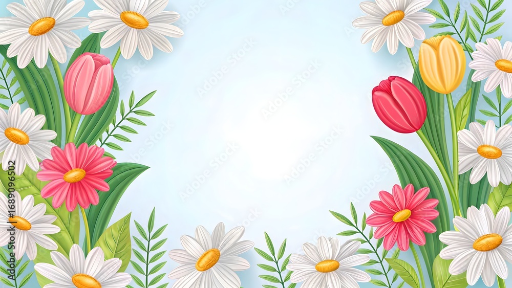 Floral Border Background with Tulips and Daisies on White Space Floral Border Background with Tulips and Daisies on White Space