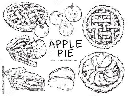 Set of isolated hand drawn Apple Pie outline drawing illustration