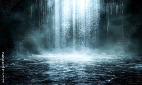 Dramatic waterfall cascades into dark, still water. Mysterious mist surrounds the scene, illuminated by a bright light above