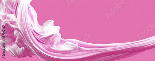 A dynamic, flowing design featuring swaths of pink and white, creating a sense of movement and abstract beauty against a solid pink backdrop.