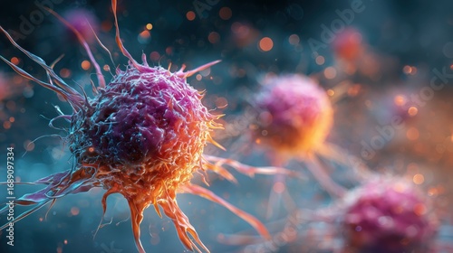 Tumor cells, generative ai illustration. Abnormal human cells showing malignant growth, linked to cancer development and progression.