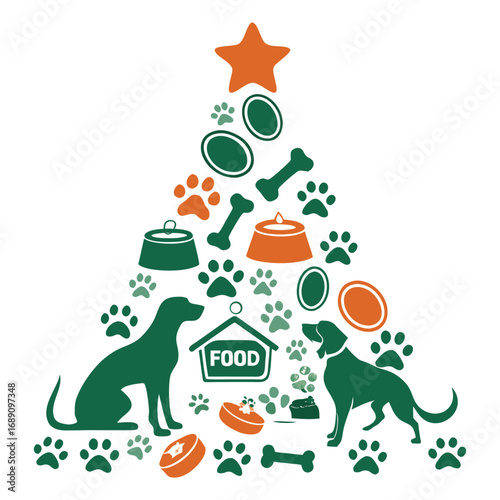 A cute cartoon illustration of a dog and a cat with a bone and gift decorations for a fun Christmas holiday celebration