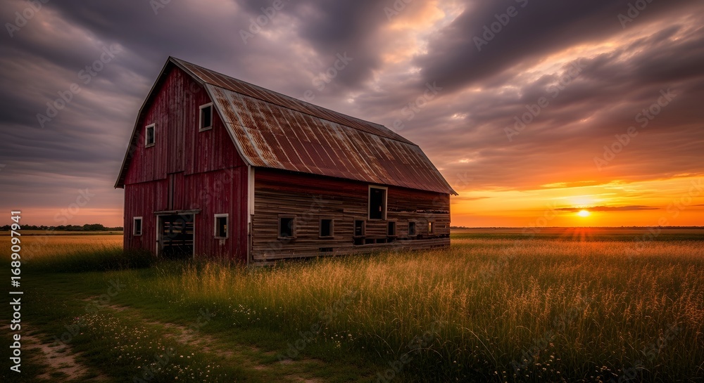 Fototapeta premium Rustic Red Barn at Sunset in a Field with Dramatic Sky.
