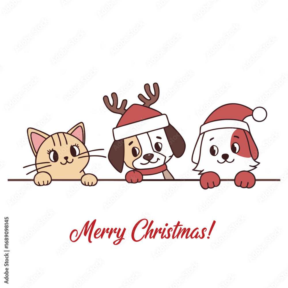 Fototapeta premium A cheerful Christmas greeting card with a funny cartoon Santa Claus and a reindeer, celebrating the winter holiday season with a festive design